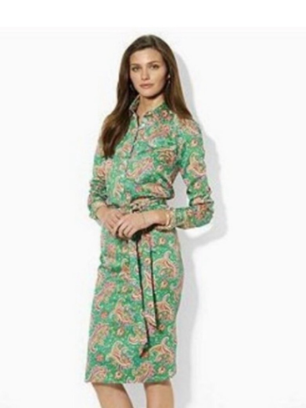 Green Paisley Shirt Dress with Tie Waist